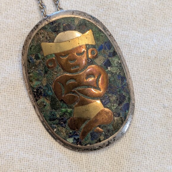 Vintage Taxco Mexico Sterling Silver Aztec Maze Azurite Chip  Vintage Taxco Mexico Metales Casados 925 Silver Brooch Pendant Mosaic Necklace